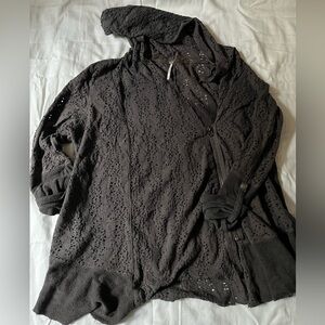Free People Grey Eyelet Hooded Cardigan Sweater Medium